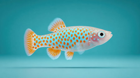 A small fish with orange and blue spots is swimming in a blue ocean. The fish is the main focus of the image, and the blue ocean background creates a calm and serene atmosphereの素材