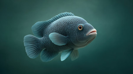 A fish is swimming in the water. The fish is blue and has a black spot on its headの素材
