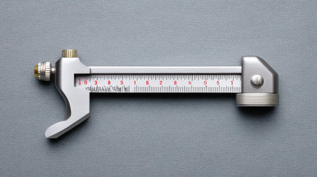 A ruler with a red and white line on it. The ruler is silver and has a black knob on the endの素材