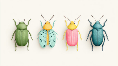 Four colorful bugs are shown in a row. The bugs are green, yellow, pink, and blueの素材