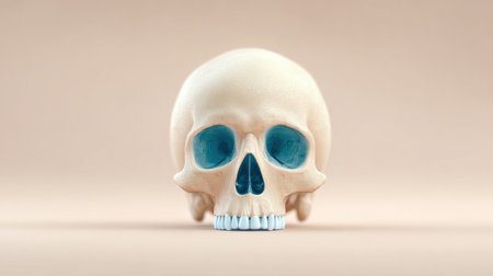 A skull with a blue nose and blue eyes is displayed on a white background. The skull is positioned in a way that it is looking at the viewer, creating a sense of curiosity and intrigueの素材