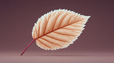 A leaf is shown in a close up on a brown background. The leaf is brown and has a red tip. The leaf is floating in the air, giving the impression of weightlessnessの素材
