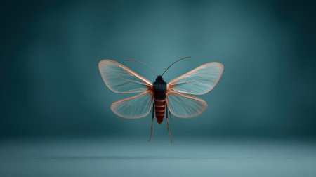 A butterfly is flying in the air with its wings open. The butterfly is surrounded by a blue backgroundの素材