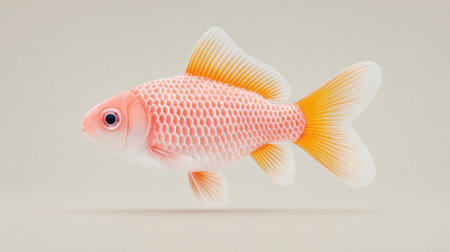 A fish with a pink body and yellow fins. The fish is swimming in a tank. The tank is on a white backgroundの素材