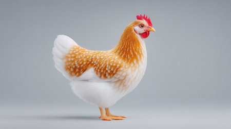 A chicken is standing on a grey surface. The chicken is brown and white. The chicken is looking at the cameraの素材