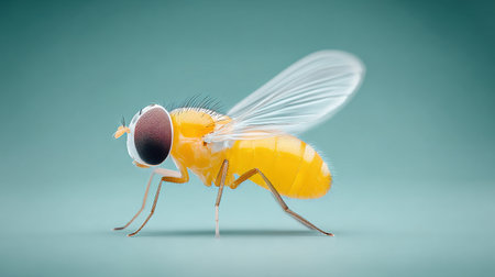 A yellow fly with black eyes is standing on a green surface. The fly is the main focus of the image, and it is in a still positionの素材
