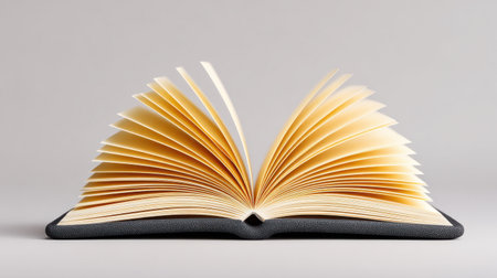 A book is open to a page with a yellow spine. The book is on a grey backgroundの素材