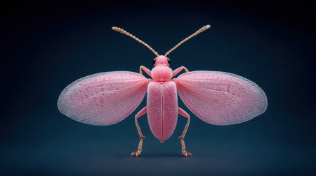 A pink bug with a black body stands on a black background. The bug is the main focus of the image, and its pink color stands out against the dark background. The image has a whimsical and playful moodの素材