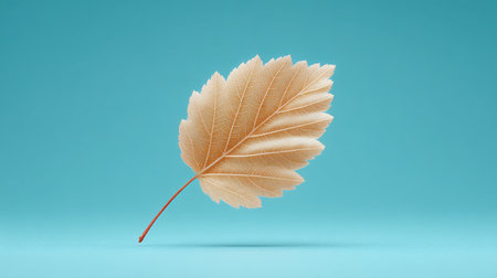 A leaf is floating on a blue background. The leaf is brown and has a shiny texture. Concept of calmness and serenity, as the leaf seems to be floating effortlessly on the waterの素材