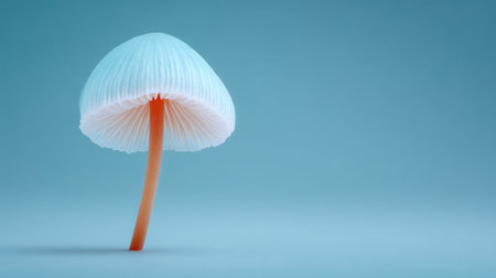 A mushroom is standing on a blue surface, with its stem sticking out. The mushroom is a bright blue color with orange accents, making it stand out against the blue background. The scene is sereneの素材