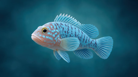 A blue fish with a red stripe on its side. The fish is swimming in a blue oceanの素材