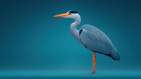 A large blue and gray bird with a long neck stands on a blue background. The bird is a crane and he is looking to the rightの素材
