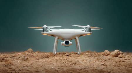 A white drone is sitting on a dirt field. The drone is not in motion, and it is facing the camera. Concept of stillness and calmness, as the drone is not actively flying or movingの素材