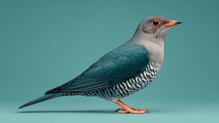 A blue and white bird with a black beak stands on a green background. The bird is looking to the rightの素材