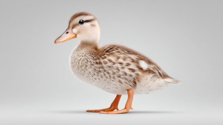 A duckling is standing on a grey surface. The duckling is small and brown. The duckling is looking at the cameraの素材