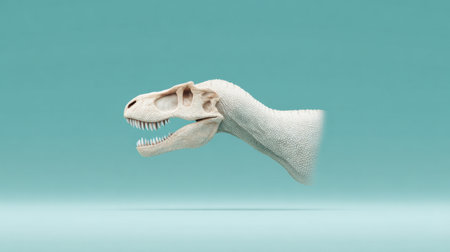 A dinosaur head is shown in a blue background. The dinosaur is white and has a long, pointed snout. The image has a futuristic feel to it, as if the dinosaur is flying through spaceの素材