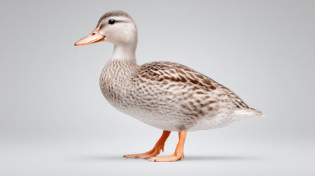 A duck is standing on a grey surface. The duck is brown and white. The duck is looking at the cameraの素材