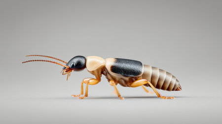 A bug with a black and tan body is walking on a grey surface. The bug has a long, thin body and long legsの素材