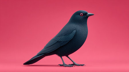 A black bird stands on a red background. The bird is small and has a red beakの素材