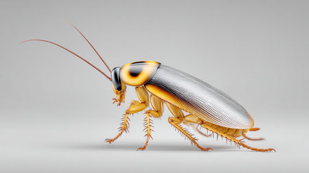A large, yellow and grey cockroach is standing on a white surface. The cockroach has a long, thin body and legs, and its head is raised. Concept of disgust and uneaseの素材