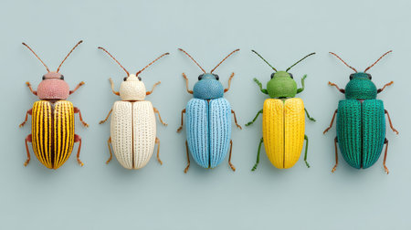 A group of five colorful bugs are lined up on a blue background. The bugs are of different colors and sizes, and they appear to be arranged in a row. Concept of diversity and harmonyの素材