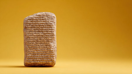 A small brown object with a lot of writing on it is sitting on a yellow background. The writing appears to be in a foreign language, and the object seems to be a piece of cloth or a piece of paperの素材