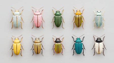 A row of colorful bugs are displayed in a row. The bugs are of different colors and sizesの素材