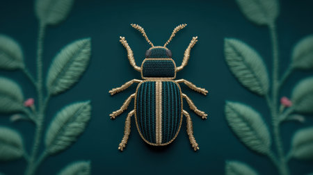 A gold and blue bug is embroidered on a green background. The bug is surrounded by leaves and flowers, giving the impression of a garden scene. The embroidery work is intricate and detailedの素材
