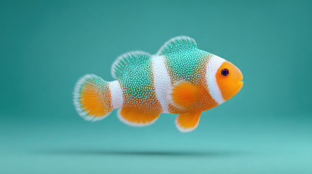 A fish with orange and white stripes swims in a green tank. The fish is swimming in the middle of the tank, and the tank is filled with waterの素材