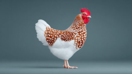 A chicken with a red head and white body stands on a grey background. The chicken is the main focus of the image, and it is a close-up shotの素材