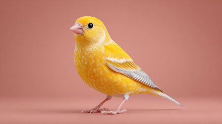 A yellow bird with white spots stands on a pink background. The bird is looking at the camera, and its bright color contrasts with the pink background. Concept of warmth and cheerfulnessの素材