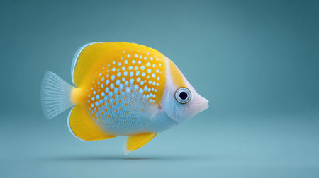 A yellow and blue fish is swimming in a blue ocean. The fish is the main focus of the image, and it is swimming in a calm and peaceful environmentの素材