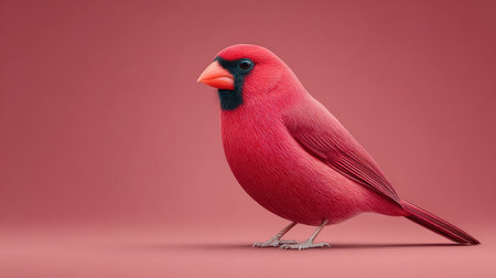 A red bird with a black beak stands on a pink background. The bird is small and has a bright red colorの素材