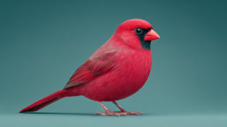 A red bird with a black beak stands on a green background. The bird is small and he is a cardinal. The image has a calm and peaceful mood, as the bird is standing still and not in motionの素材