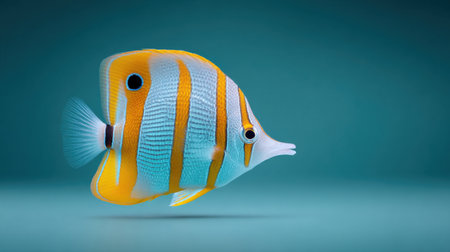 A fish with a yellow stripe on its body is swimming in a blue ocean. The fish is the main focus of the image, and it is swimming in a calm and peaceful environmentの素材