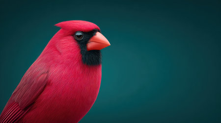 A red cardinal bird is standing on a green background. The bird is looking at the camera with a serious expressionの素材