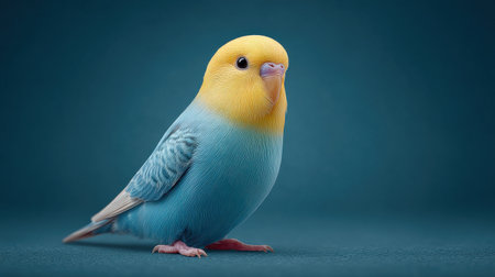 A blue and yellow bird is standing on a blue surface. The bird is small and has a bright colorの素材