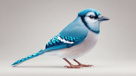 A blue and white bird with a blue head and a blue tail. The bird is standing on a white backgroundの素材