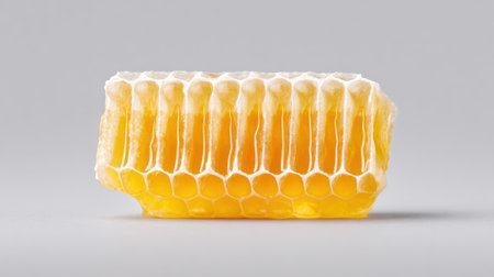 A close up of a honeycomb with honey oozing out of it. The honeycomb is made of wax and has a honeycomb pattern. The honey is golden in color and is dripping out of the honeycombの素材