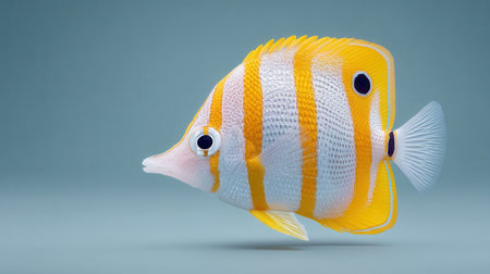 A fish with a yellow stripe on its body is swimming in a blue ocean. The fish is the main focus of the image, and it is a close-up shot. The blue ocean background creates a calm and serene atmosphereの素材