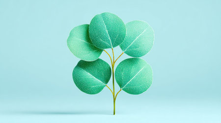 A leafy green plant with four leaves is shown on a blue background. Concept of growth and vitality, as the plant is depicted as a symbol of life and renewal. The blue background adds a calmingの素材