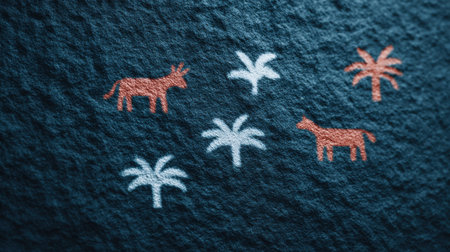 A blue and white background with a pattern of animals and palm trees. The animals are drawn in red and whiteの素材