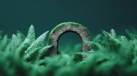 A small, green archway is surrounded by lush green grass. The archway is made of a metal object that is covered in moss. The image has a peaceful and natural feel to itの素材