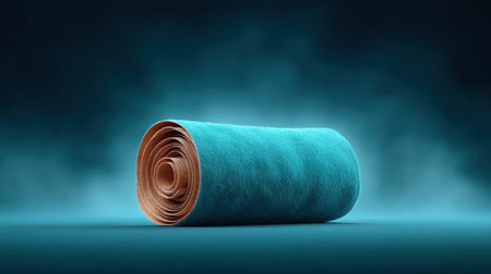 A blue roll of toilet paper is on a table. The roll is unopened and unopenedの素材