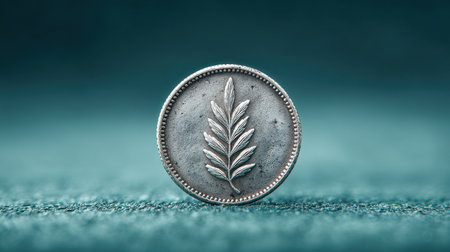 A coin with a leaf on it sits on a blue surface. The coin is silver and has a leaf design on itの素材