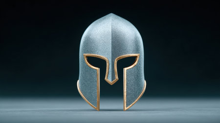 A helmet with a gold trim sits on a grey surface. The helmet is a symbol of strength and courage, and it is likely to be worn by a warrior or a hero. Concept of power and determinationの素材