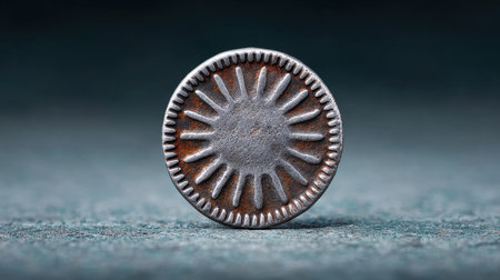 A coin with a sun on it is sitting on a table. The coin is old and worn, and the sun is depicted in a somewhat faded manner. Concept of nostalgia and historyの素材