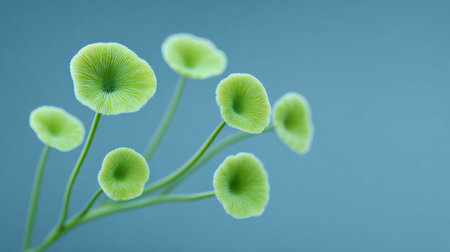 A close up of a bunch of green flowers with a blue background. The flowers are small and have a fuzzy texture. Scene is calm and peaceful, as the flowers are not too largeの素材
