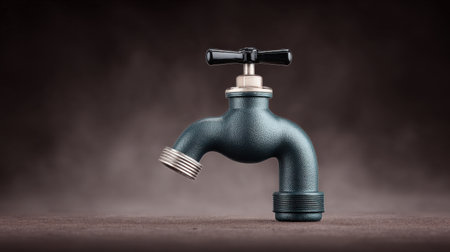 A blue faucet with a black handle is shown on a dark background. The faucet is turned off, and the water is not flowing. Concept of stillness and calmnessの素材