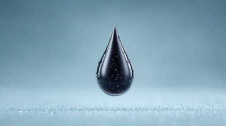 A drop of black oil is floating in the air. The drop is surrounded by water droplets, creating a sense of movement and fluidity. Concept of energy and powerの素材